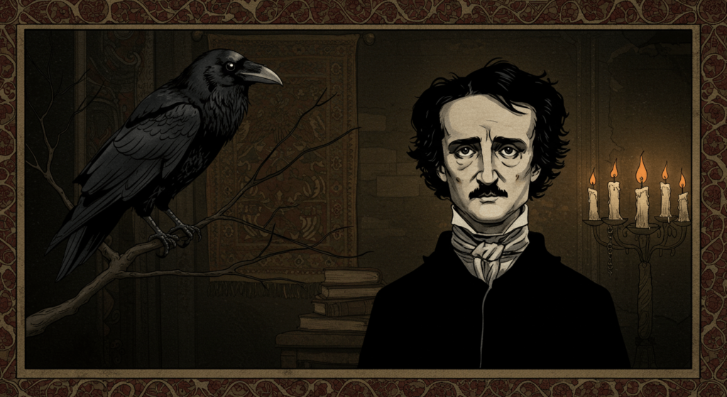 ¿Quién fue: Edgar Allan Poe? Parte 2 7 Retrato estilizado de Edgar Allan Poe junto a un cuervo en un ambiente gótico. Imagen para amantes de la literatura clásica y el misterio.