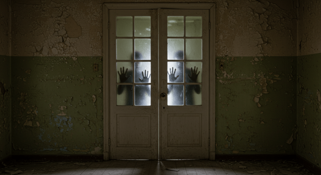 El Turismo Negro: Explorando los destinos más oscuros del mundo 4 Puerta antigua con siluetas fantasmales. Imagen de terror que evoca misterio e intriga. Ideal para contenido sobre casas encantadas, películas de miedo y Halloween.