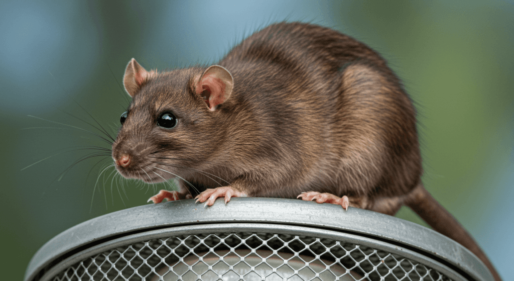 Ratones: pequeños pero inteligentes, descubre por qué son tan comunes 4 Rata marrón sobre lámpara metálica. Primer plano de roedor en entorno urbano. Fotografía accesible para personas con discapacidad visual. Rata Lámpara Roedor Animales.