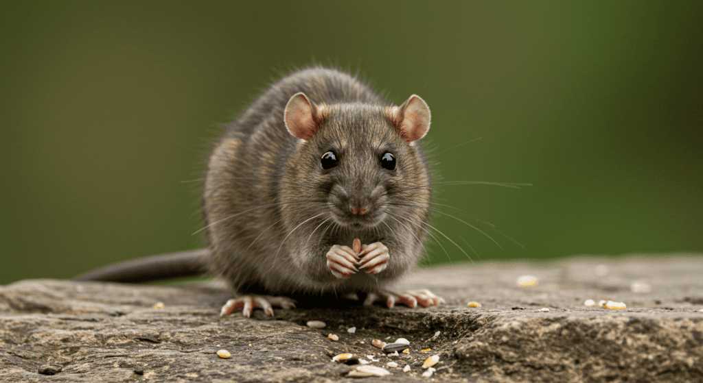 Ratones: pequeños pero inteligentes, descubre por qué son tan comunes 7 Imagen de una rata marrón comiendo semillas sobre una roca. Primer plano de un roedor en su hábitat natural disfrutando de alimento. Fotografía de fauna, animales salvajes, ratas en la naturaleza.