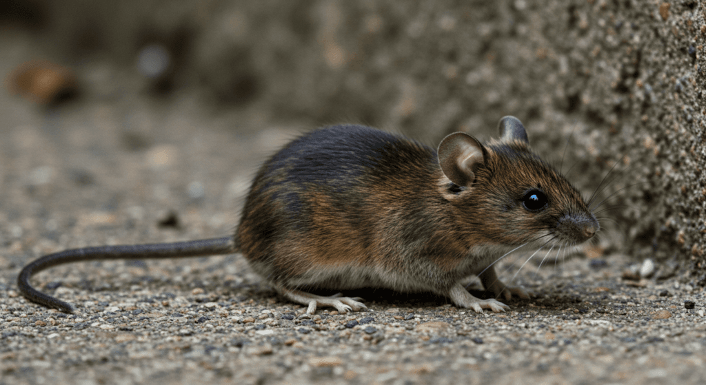 Ratones: pequeños pero inteligentes, descubre por qué son tan comunes 2 Ratón doméstico marrón sobre suelo pedregoso. Imagen de roedor salvaje, vista lateral de un ratón de campo. Fotografía accesible para personas con discapacidad visual. Ratón Roedor Animales Naturaleza.