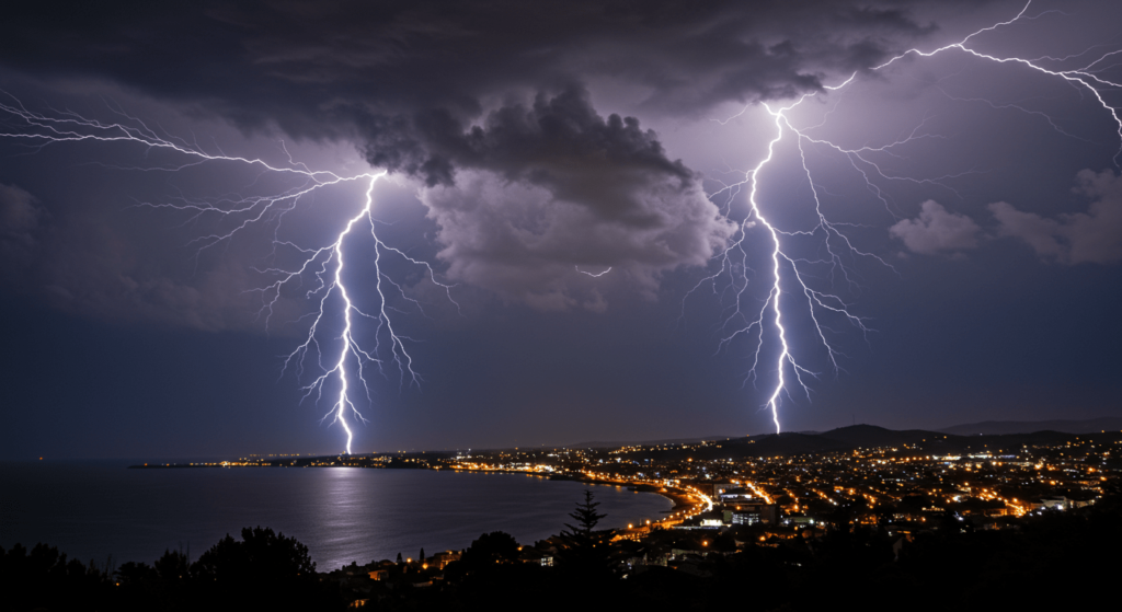 ¿6x1?: ¿En qué año estamos realmente? 2 Rayo impactando sobre ciudad costera. Tormenta eléctrica nocturna con relámpagos iluminando el cielo y la costa. Paisaje urbano con luces y naturaleza.