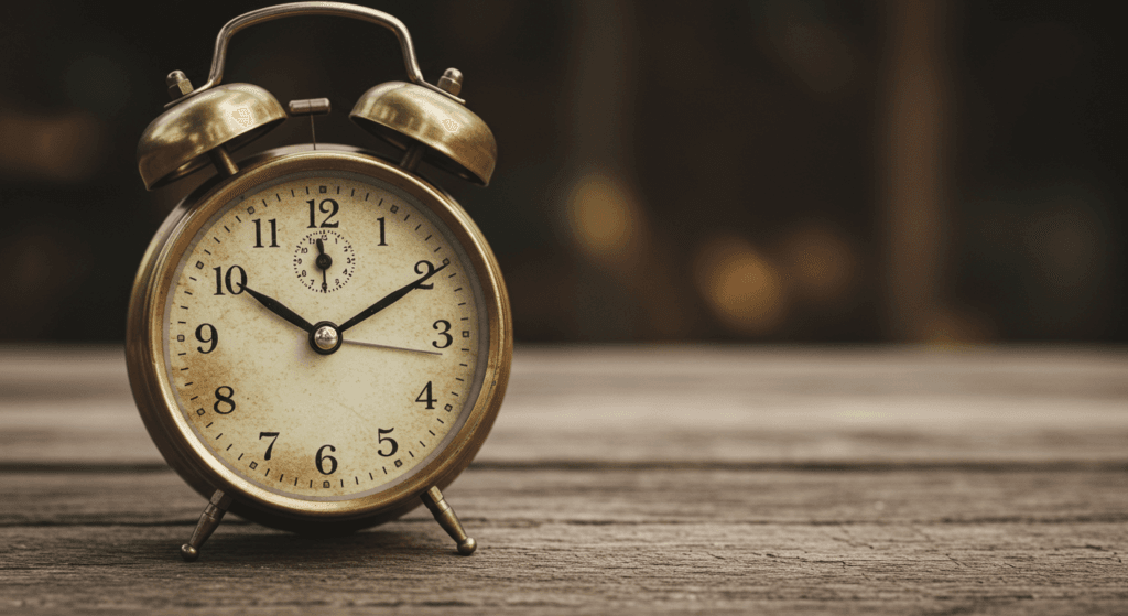 ¿6x1?: ¿Por qué existen los años bisiestos? 5 Reloj despertador antiguo sobre mesa de madera. Imagen de un viejo reloj con esfera desgastada, evocando nostalgia y la importancia del tiempo, ideal para temas sobre puntualidad y planificación.