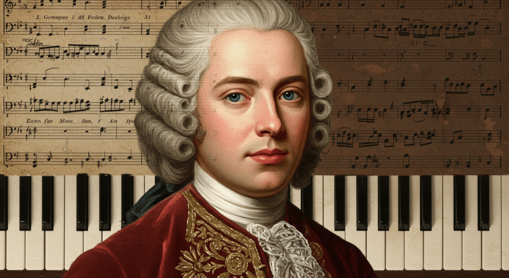 Wolfgang Amadeus Mozart: el genio que revolucionó la música clásica 3 "Composición de retrato antiguo con elementos musicales. Imagen accesible sobre historia de la música, retratos clásicos y cultura musical."