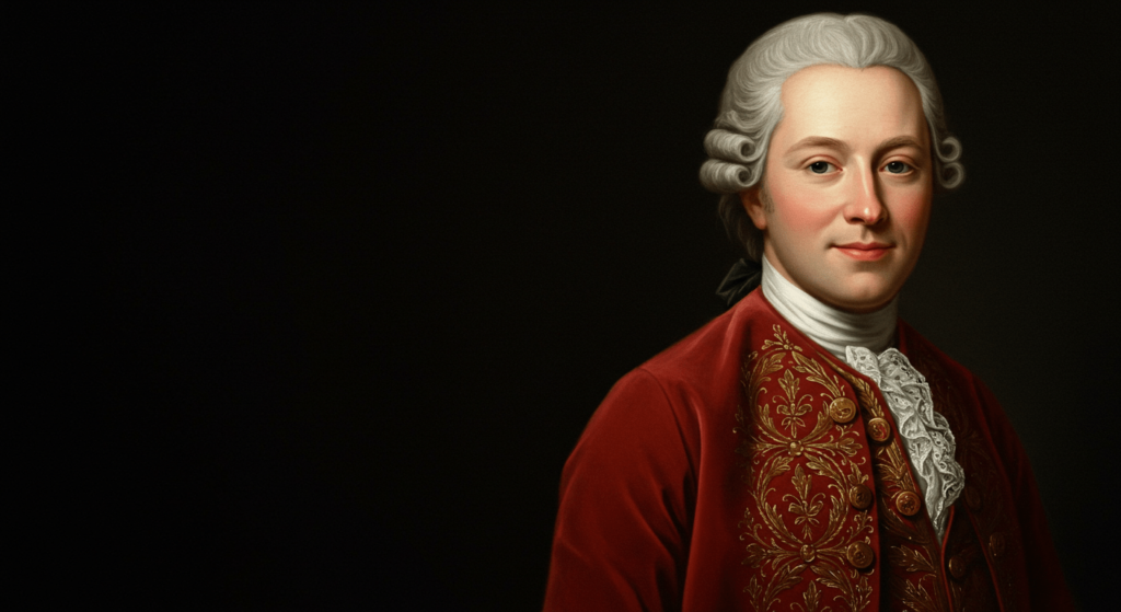 Wolfgang Amadeus Mozart: el genio que revolucionó la música clásica 4 "Retrato clásico de un hombre con peluca blanca y traje rojo con detalles dorados. Imagen accesible sobre historia del arte, retratos antiguos y música clásica."