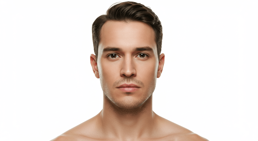El rostro humano del futuro: ¿Cómo evolucionará nuestra apariencia? 4 Retrato de hombre con rostro sereno. Imagen de un hombre joven con piel clara, cabello oscuro y una expresión neutra. Fotografía de retrato. Accesibilidad web y SEO.