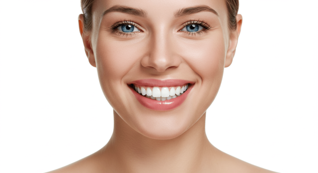 El rostro humano del futuro: ¿Cómo evolucionará nuestra apariencia? 1 Retrato de mujer sonriente con ojos azules. Imagen de primer plano de una mujer con piel clara, ojos azules y una sonrisa radiante. Representación de belleza y bienestar. Fotografía de retrato. Accesibilidad web y SEO.