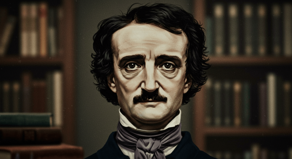 ¿Quién fue: Edgar Allan Poe? Parte 2 2 Retrato de Edgar Allan Poe con fondo de biblioteca. Imagen ideal para artículos sobre literatura gótica y el legado del autor estadounidense.
