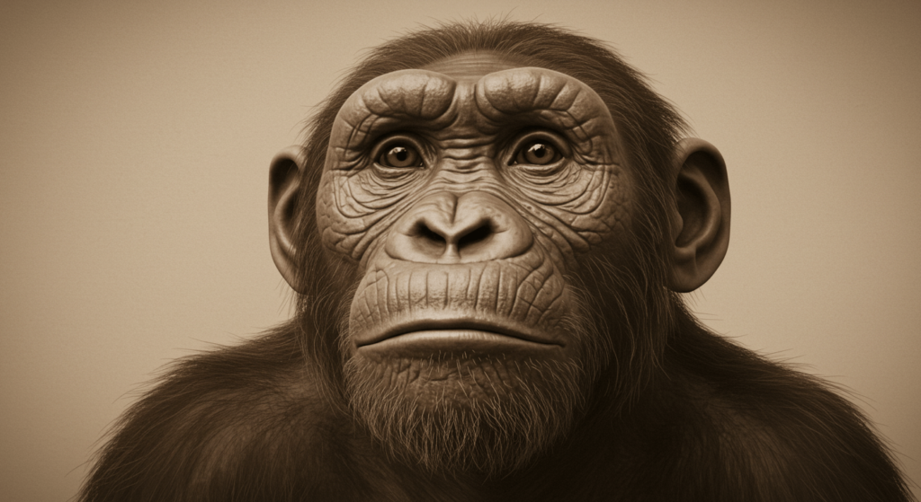 El rostro humano del futuro: ¿Cómo evolucionará nuestra apariencia? 3 Retrato sepia de un primate con mirada pensativa. Imagen antigua de un simio con expresión melancólica y gesto de reflexión. Fotografía de antropología y evolución. Accesibilidad web y SEO.
