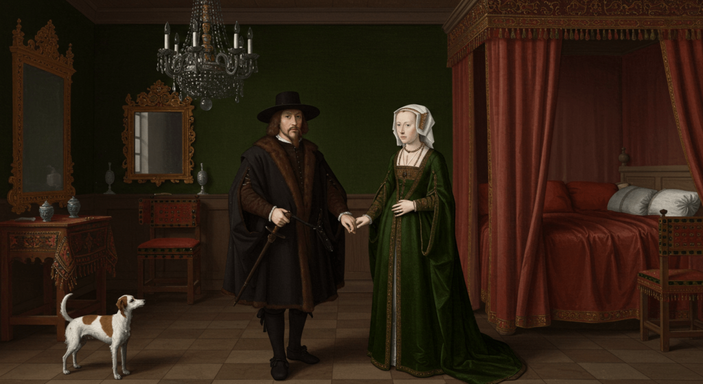El Renacimiento: el movimiento que hizo renacer el arte y la cultura 2 "Retrato de matrimonio rico en interior. Hombre con abrigo oscuro y mujer con vestido verde, tomados de la mano. Pintura al óleo antigua con detalles de la época. Ideal para historia del arte y retratos históricos."