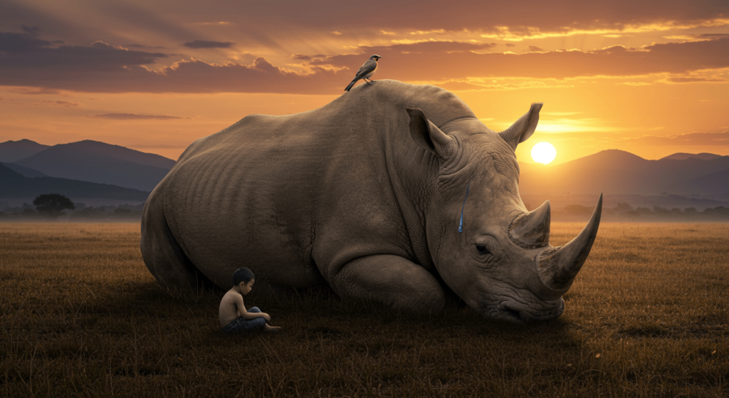 Los rinocerontes: guardianes de la sabana y su importancia en la naturaleza 5 Ilustración conceptual de rinoceronte llorando con una niña en un campo. Imagen sobre conservación de la fauna, especies en peligro. Accesibilidad web.