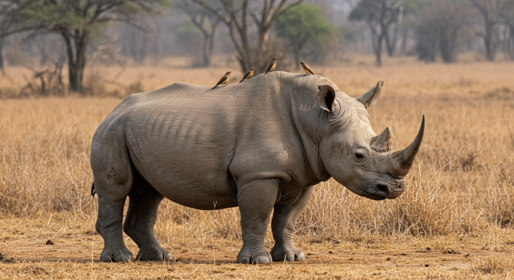 Los rinocerontes: guardianes de la sabana y su importancia en la naturaleza 2 Rinoceronte con pájaros en su lomo. Imagen de fauna africana, simbiosis en la naturaleza. Accesibilidad web.