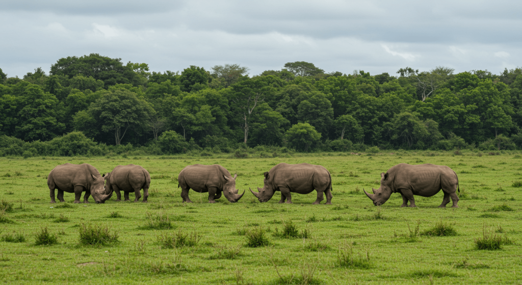 Los rinocerontes: guardianes de la sabana y su importancia en la naturaleza 1 Manada de rinocerontes pastando en un campo verde. Fauna africana, animales salvajes en peligro de extinción. Accesibilidad web.