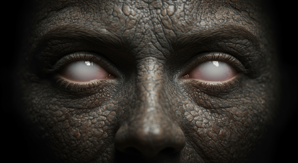 ¿Por qué sentimos miedo? La respuesta de la ciencia al instinto más antiguo 6 Primer plano de rostro con piel escamosa y ojos blanquecinos. Imagen surrealista y perturbadora.