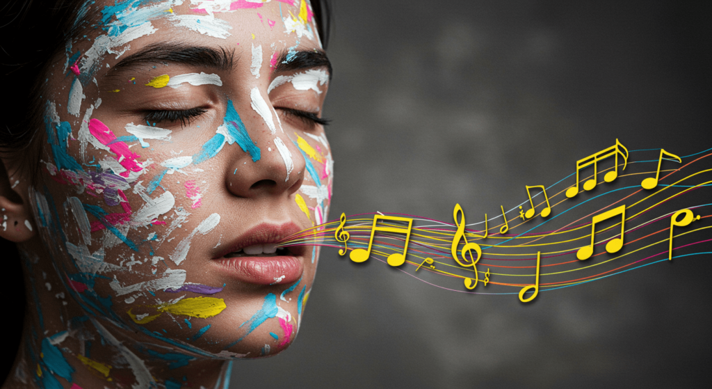 ¿6x1?: ¿De dónde provienen los acentos? 5 Rostro pintado con notas musicales fluyendo de la boca. Imagen artística de una cara humana con pintura colorida y notas musicales que salen de la boca. Representación visual de música y expresión creativa. Accesibilidad web y SEO.