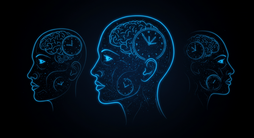 Déjà vu: ¿Por qué sentimos que ya hemos vivido este momento? 2 Ilustración abstracta de rostros con relojes. Diseño digital con caras y relojes luminosos sobre fondo negro.
