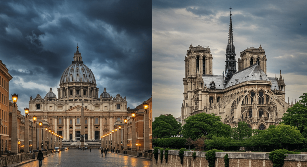 Estilos arquitectónicos: una guía a través de los movimientos más influyentes de la historia 5 "Basílica San Pedro y Catedral Notre Dame. Comparación arquitectónica entre la Basílica de San Pedro en el Vaticano y la Catedral de Notre Dame en París. Arquitectura religiosa. Iglesias famosas."