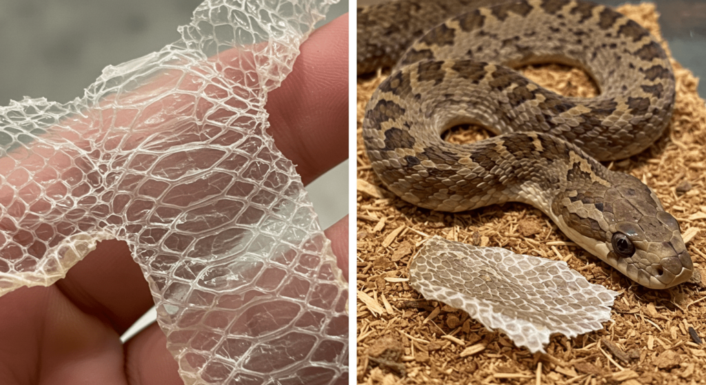 Las serpientes y su fascinante forma de moverse 4 Serpiente mudando piel. Imagen dividida mostrando piel de serpiente recién mudada con detalle de escamas y serpiente viva con su piel marrón sobre virutas de madera. Proceso natural de muda de piel de serpiente.