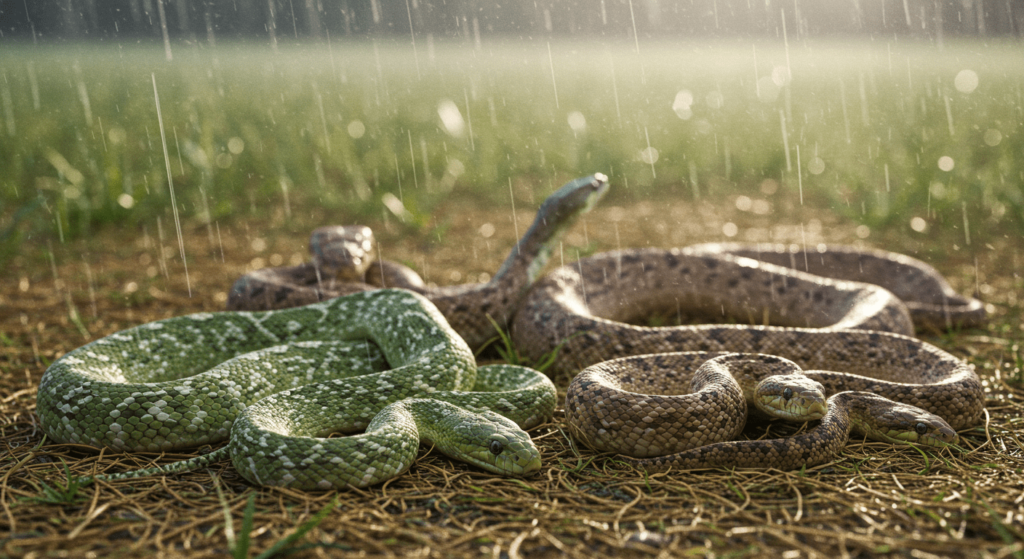 Las serpientes y su fascinante forma de moverse 5 Serpientes bajo la lluvia. Representación de varias serpientes con patrones y tamaños diferentes sobre suelo húmedo con lluvia y fondo borroso de hierba. Imagen de fauna en día lluvioso.
