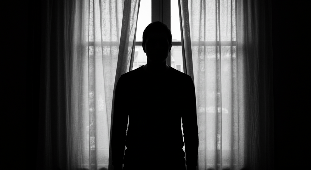 Los juegos paranormales más aterradores que nadie debería jugar 4 Silueta frente a ventana con cortinas. Imagen en blanco y negro con figura sombría en un ambiente enigmático.