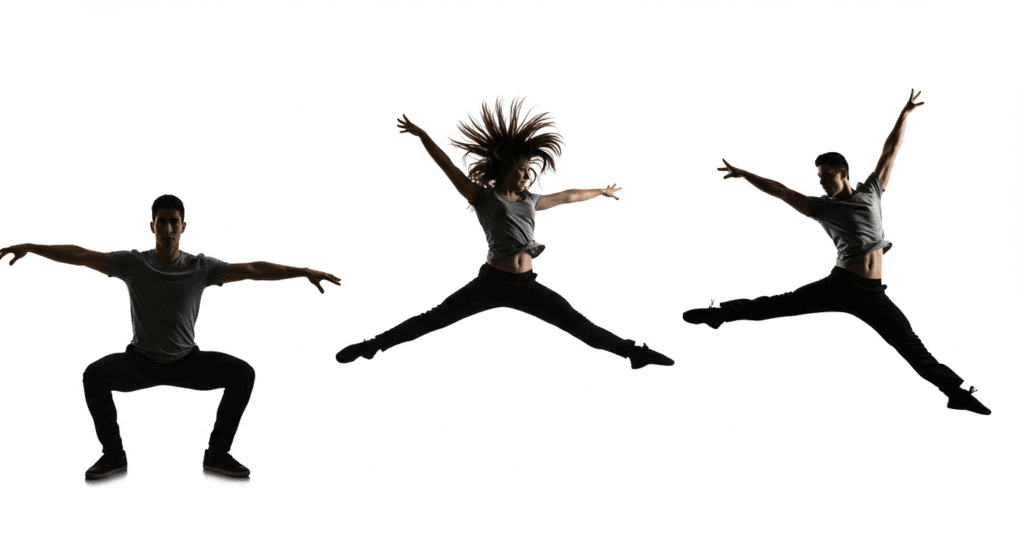 Ritmo y movimiento: la razón por la que tu cabeza se mueve sola con la música 4 "Siluetas de tres bailarines saltando y realizando movimientos de danza sobre fondo blanco. Imagen accesible sobre danza contemporánea, expresión corporal y artes escénicas."