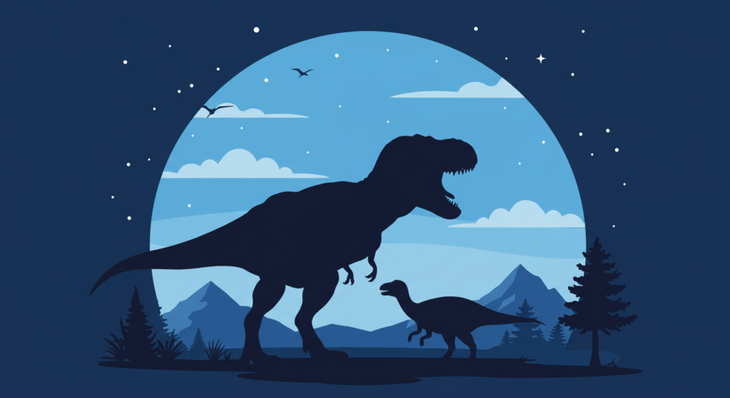 Tiranosaurio Rex: el misterio de sus pequeños brazos explicado 1 Ilustración vectorial de dinosaurios T-Rex en silueta con paisaje de montañas y cielo azul. Diseño gráfico minimalista.