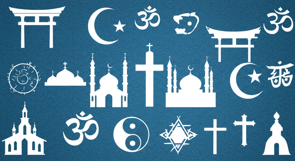 ¿6x1?: ¿Cómo sería un mundo sin religiones? 7 Iconos de religiones mundiales: cristianismo, islam, judaísmo, hinduismo, budismo, taoísmo y más. Imagen de diversidad religiosa con símbolos en blanco sobre fondo azul. Representación gráfica de fe y espiritualidad. Tolerancia e inclusión religiosa.