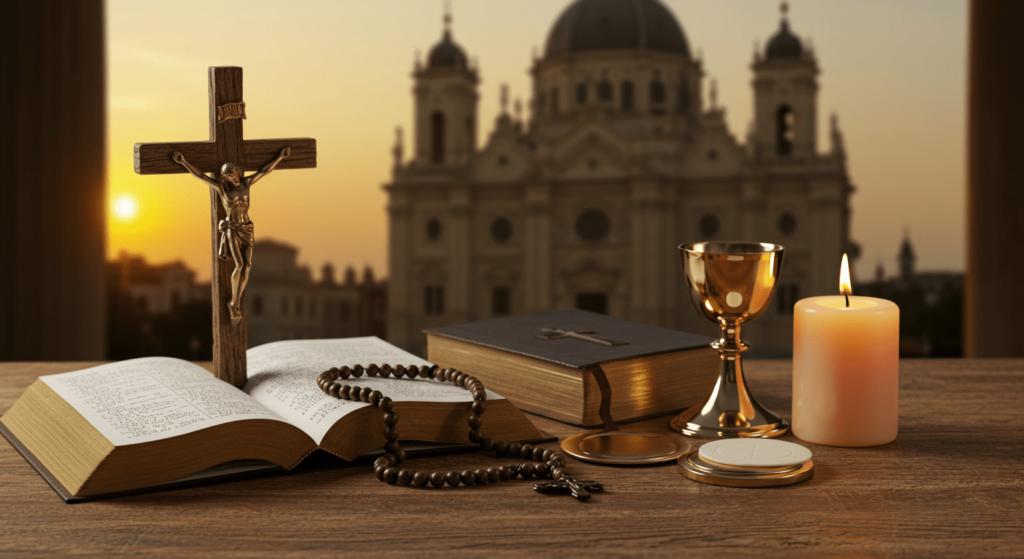 La vocación de San Mateo y El aquelarre: el simbolismo oculto en dos obras maestras 3 Símbolos religiosos cristianos con iglesia al fondo. Imagen con cruz, biblia, cáliz y otros elementos religiosos sobre una mesa con una iglesia difuminada en el fondo, ideal para expresar la fe y la espiritualidad cristiana.