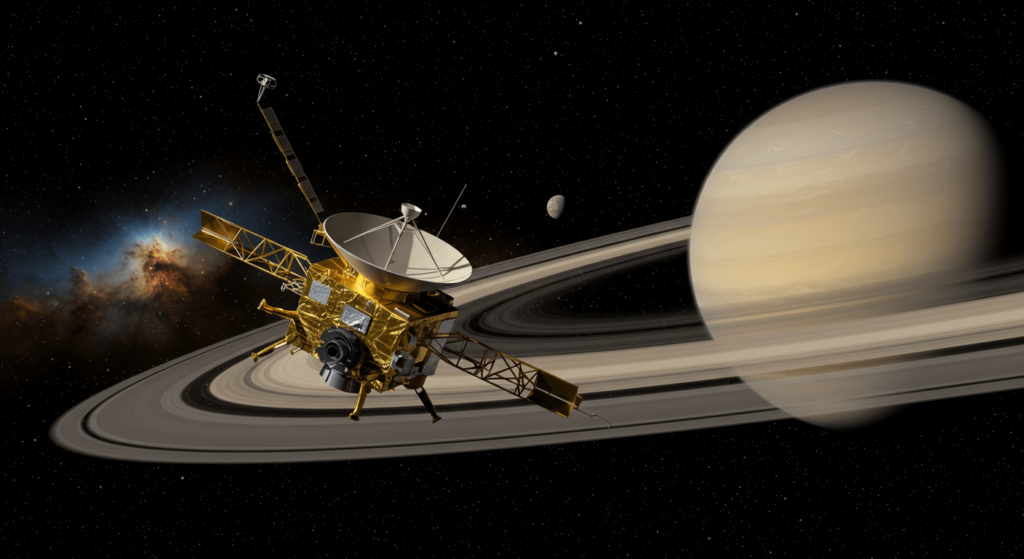 Titán, la luna que podría ser una segunda Tierra 2 "Imagen de la sonda Cassini orbitando Saturno y sus anillos. Representación visual de la exploración espacial y la tecnología utilizada para estudiar el planeta. El cosmos con la sonda y Saturno crea una representación de la inmensidad del universo"