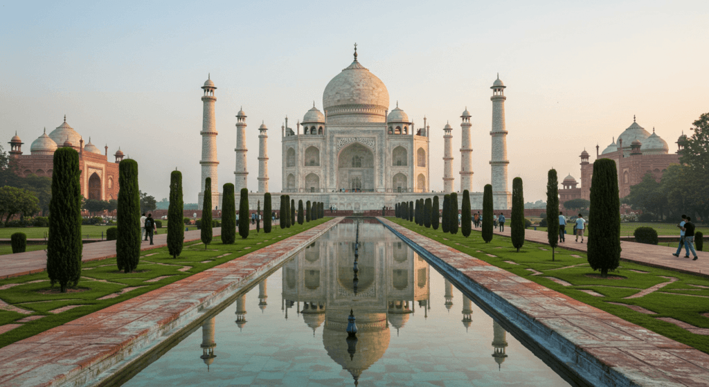 7 arquitecturas maravillosas: obras maestras que deslumbran al mundo 5 Imagen del Taj Mahal en India, con su reflejo en un estanque rectangular. La construcción de mármol blanco se alza simétricamente al fondo, flanqueada por minaretes. Árboles podados alineados a ambos lados del estanque conducen la mirada hacia el mausoleo. El cielo está despejado y de un color azul pálido