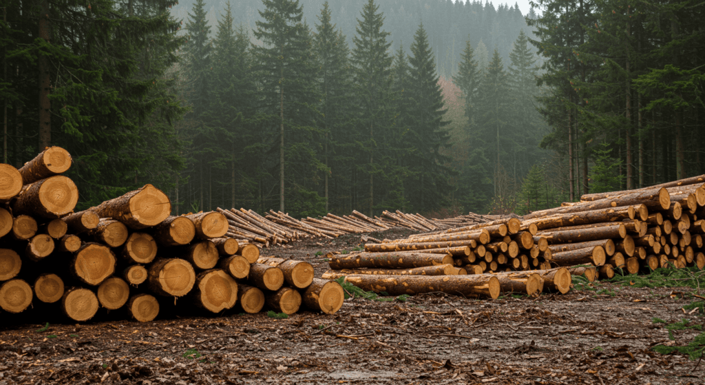 Cómo ha evolucionado la deforestación y qué significa para el medioambiente 6 Imagen de tala de árboles con pilas de troncos cortados en un bosque de pinos. Representación visual de la industria maderera y la gestión forestal. Fotografía de naturaleza, silvicultura, tala de árboles.