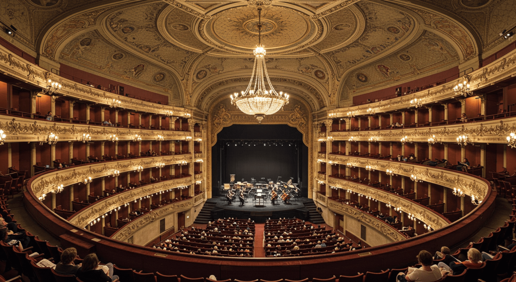 Música clásica: origen, evolución y por qué sigue vigente hoy 1 "Vista general del interior del Teatro Colón, Buenos Aires. Amplio salón con público en butacas y palcos, orquesta en el escenario. Arquitectura ornamentada con detalles dorados e iluminación cálida. Experiencia cultural y musical en Argentina."
