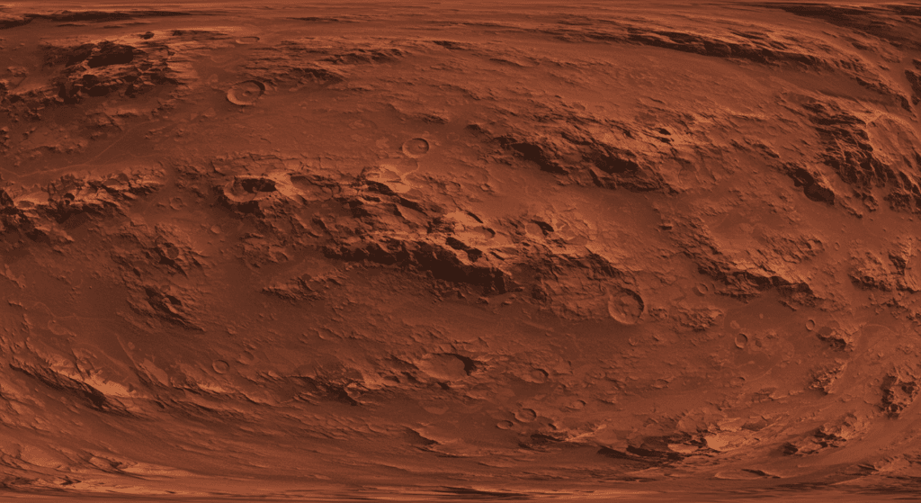 Marte: el planeta rojo y su fascinante relación con la Tierra 5 Textura panorámica de un paisaje rocoso rojizo, ideal para realidad virtual o simulaciones planetarias. Superficie marciana en proyección equirectangular. Accesible para personas con discapacidad visual.