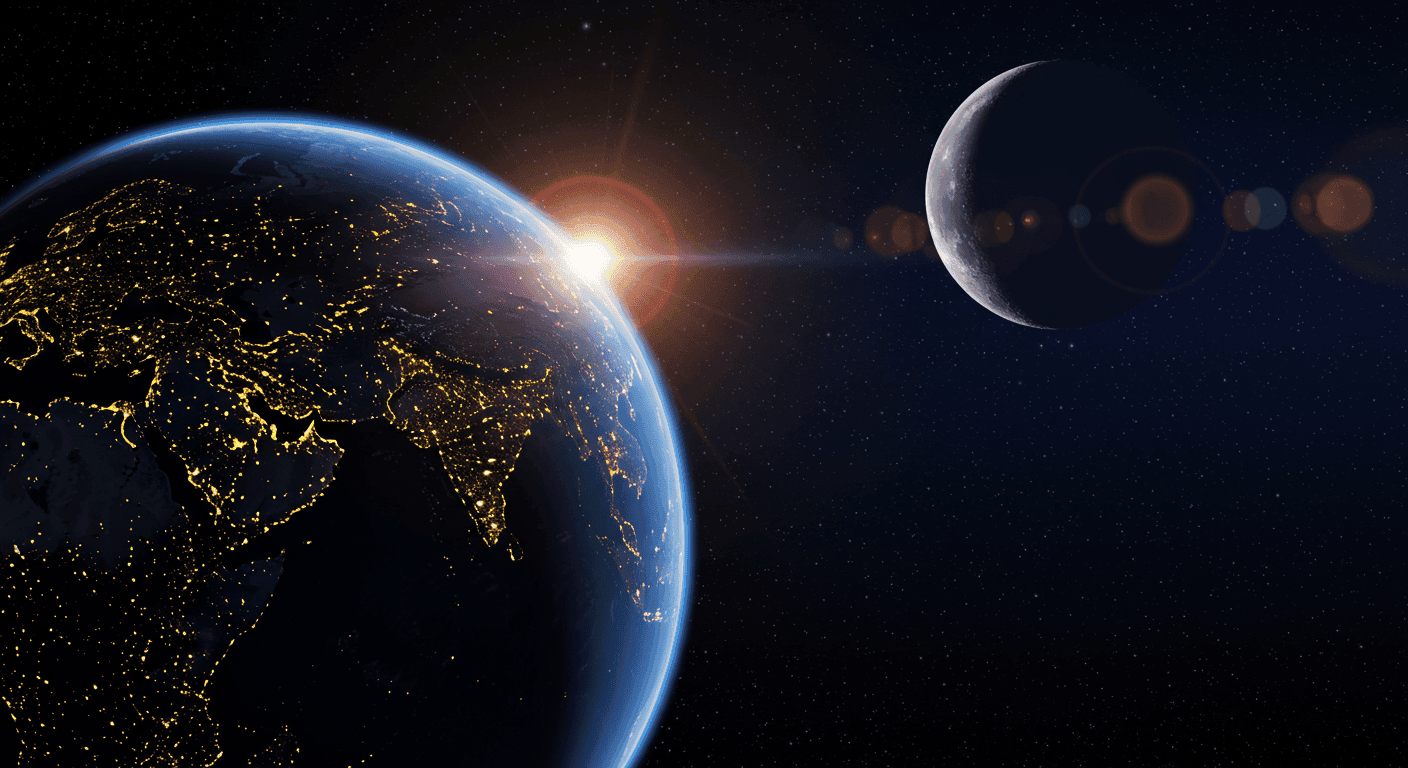 Vista de la Tierra y la Luna desde el espacio. Imagen de la salida del sol iluminando las ciudades nocturnas. Ideal para temas de astronomía, ciencia y exploración espacial.