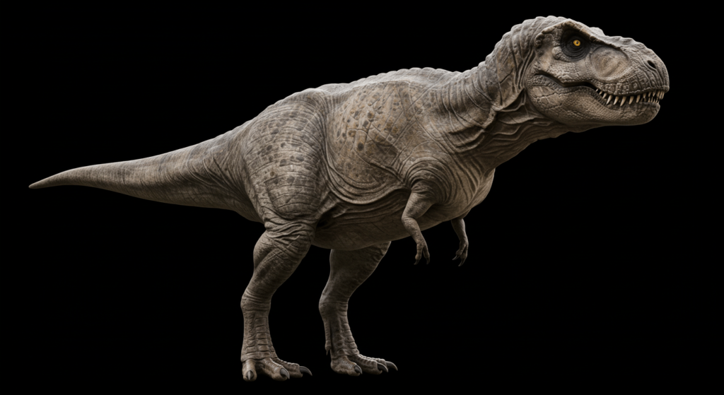 Tiranosaurio Rex: el misterio de sus pequeños brazos explicado 3 Imagen de Tiranosaurio Rex completo sobre fondo negro. Detalle de piel escamosa en tonos marrón y gris.