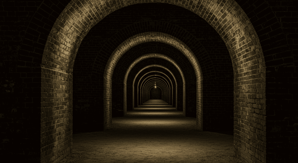 Túnel largo con arcos de ladrillo iluminado tenuemente. Arquitectura histórica y ambiente misterioso. Accesible para personas con discapacidad visual.