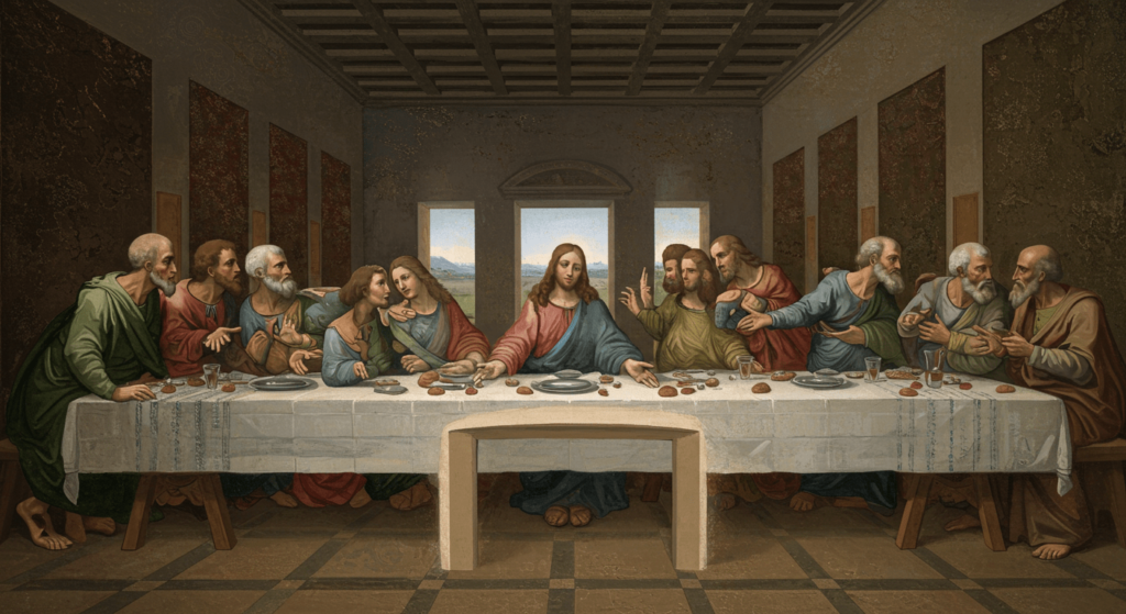 El Renacimiento: el movimiento que hizo renacer el arte y la cultura 3 "La Última Cena de Leonardo da Vinci. Jesús y sus discípulos en una mesa larga, pintura religiosa con expresiones de sorpresa y confusión. Ideal para arte renacentista, historia religiosa y lecciones de arte."