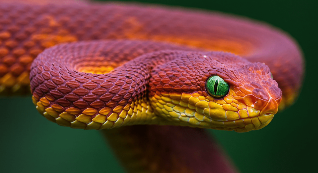 Las serpientes y su fascinante forma de moverse 7 Víbora africana colorida. Primer plano de una víbora africana con escamas de colores vibrantes en tonos púrpura, naranja y amarillo. Detalle del ojo verde con pupila vertical y fondo verde oscuro.