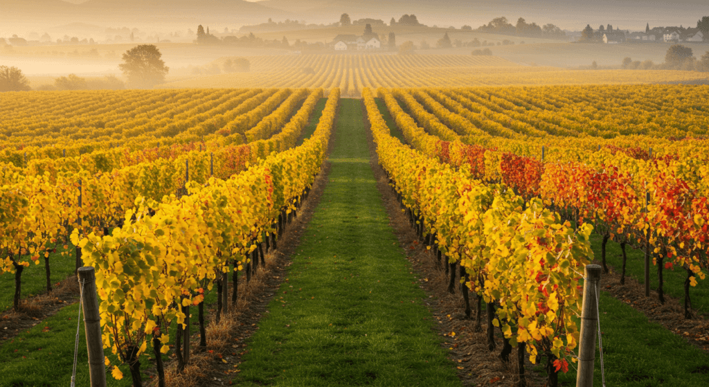 El arte de la fotografía: más que una imagen, una ventana al mundo 2 "Paisaje otoñal de viñedos con hileras de vides en tonos amarillos, naranjas y rojos. Imagen de agricultura y enología, ideal para promover el enoturismo y la belleza del campo en otoño."