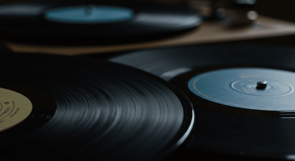 Primer plano de discos de vinilo y un tocadiscos antiguo. Música retro y nostalgia. Accesible para personas con discapacidad visual.