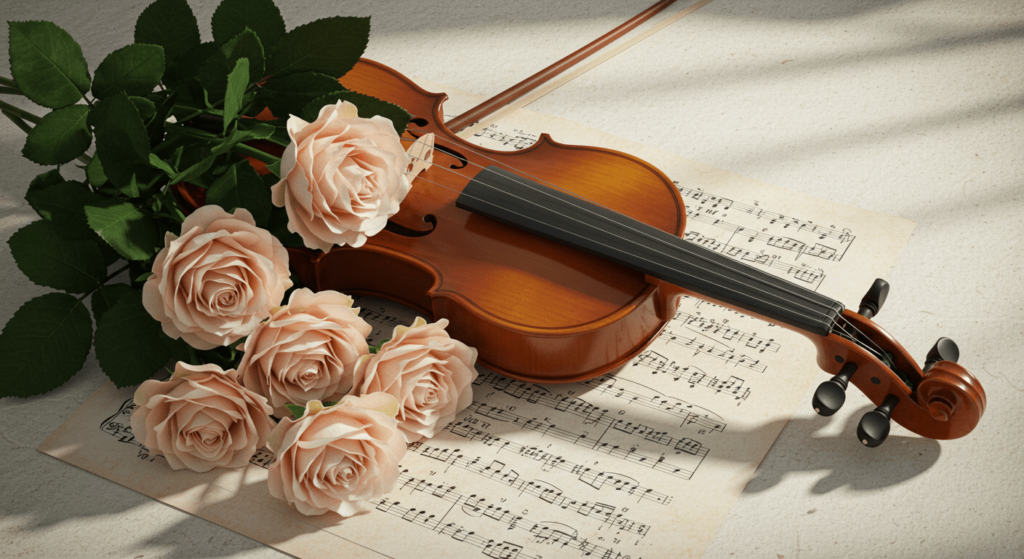 Música clásica: origen, evolución y por qué sigue vigente hoy 5 "Bodegón con violín antiguo, partitura musical y ramo de rosas pálidas. Composición artística que evoca la música y la naturaleza muerta."