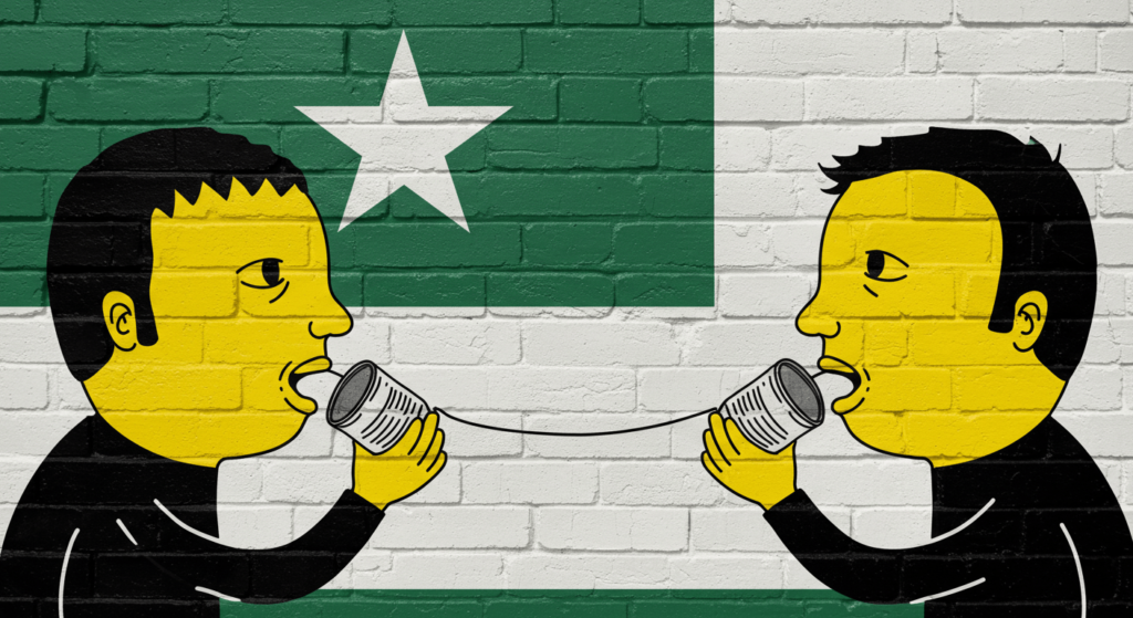 ¿6x1?: ¿Cómo surgió el sida? 2 Ilustración de dos personas comunicándose con latas y cuerda frente a pared de ladrillos pintada. Concepto de comunicación sencilla, comunicación tradicional, contacto humano. Imagen para infancia, juegos, comunicación efectiva.