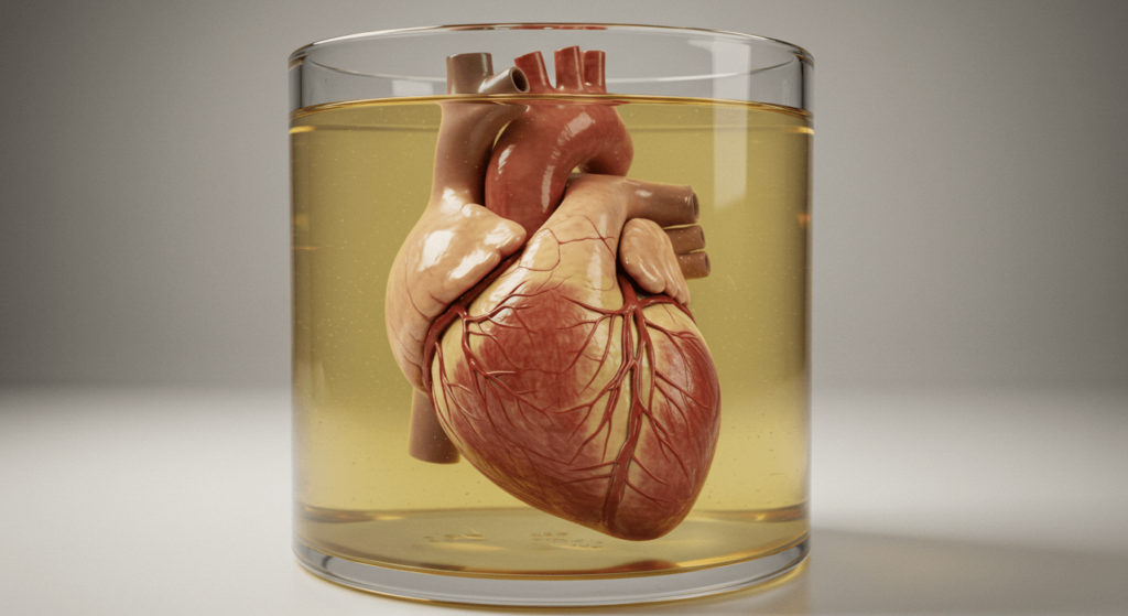 5 muertes misteriosas que siguen sin explicación 6 Corazón humano preservado en líquido dentro de un vaso. Imagen de anatomía, ciencia, medicina. Órgano vital, estudio del cuerpo humano, salud.