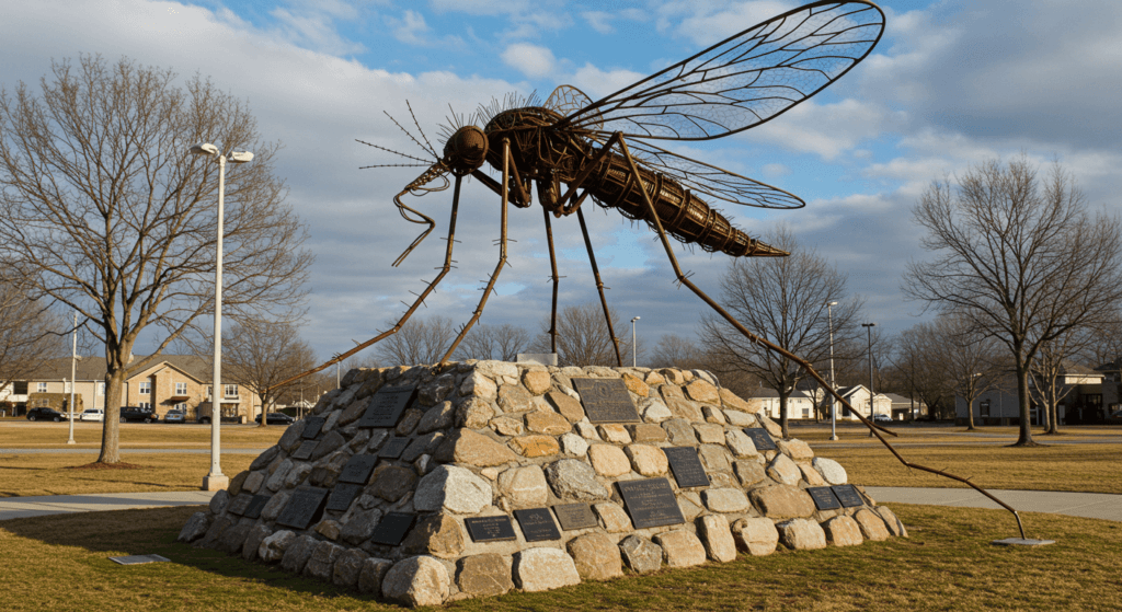 9 datos sorprendentes sobre los mosquitos que quizás desconocías 2 Escultura gigante de mosquito metálico sobre base de piedra. Monumento de mosquito en parque o ciudad. Arte público, curiosidades turísticas, plagas de mosquitos.