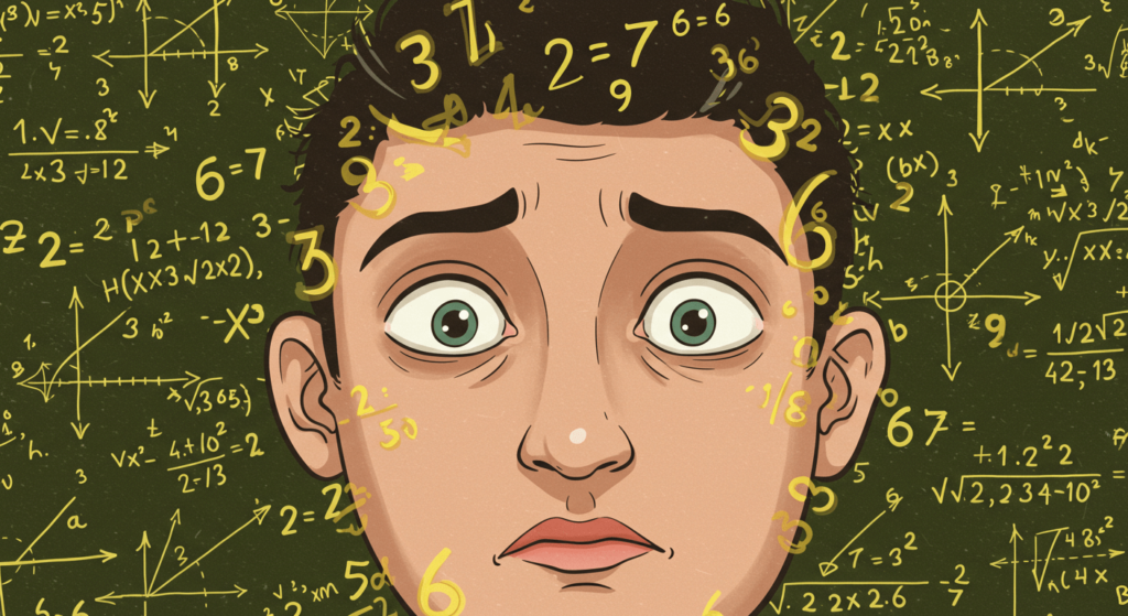 ¿6x1?: ¿Cómo surgió el sida? 3 Ilustración de persona con expresión de estrés rodeada de números y ecuaciones. Concepto de dificultad con las matemáticas, ansiedad matemática, agobio escolar. Imagen para educación, aprendizaje, problemas de estudio.