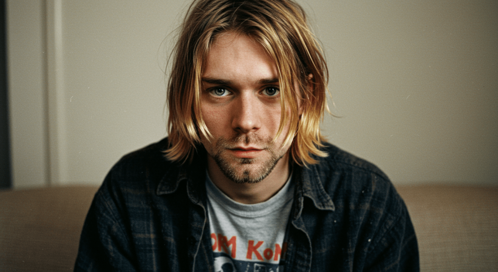 La muerte de Kurt Cobain: El misterio detrás del adiós a un ícono del grunge 6 "Retrato de primer plano de Kurt Cobain. Mirada intensa de un icono de la música grunge, reflejo de la vulnerabilidad humana. Investigaciones indican que la música, tanto en su creación como en su escucha, puede ser una herramienta para la autoexpresión y la regulación emocional, permitiendo la conexión con las propias emociones y facilitando el bienestar. Legado musical y emociones a flor de piel."