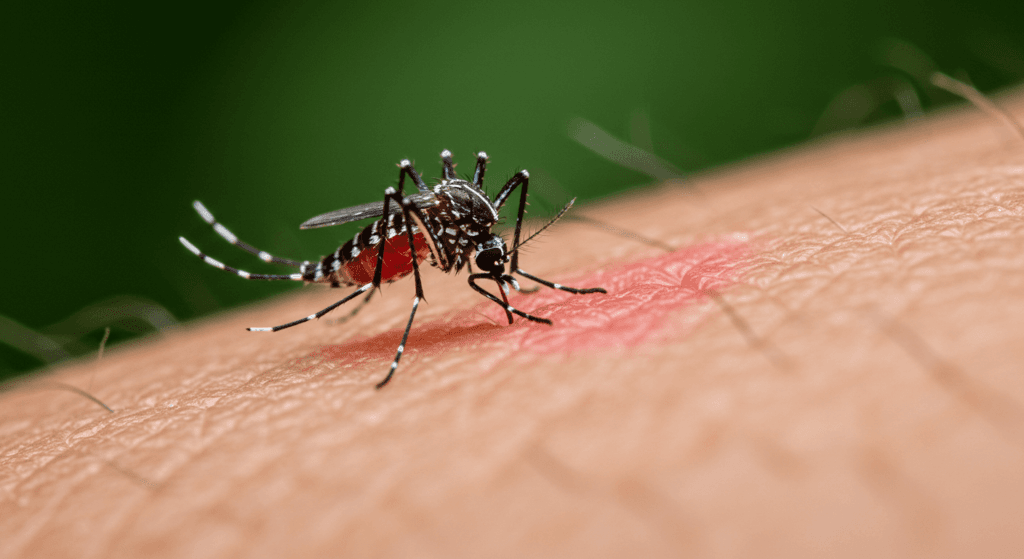 9 datos sorprendentes sobre los mosquitos que quizás desconocías 5 Mosquito picando piel humana en primer plano. Detalle de picadura de mosquito, sangre y piel. Riesgos de picaduras de mosquitos, enfermedades transmitidas por insectos, prevención.