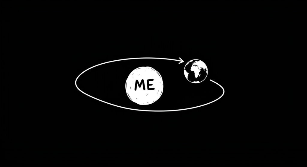 ¿6x1?: ¿Cómo surgió el sida? 6 Diagrama en blanco y negro de la Tierra orbitando alrededor del "Yo". Ilustración conceptual de egocentrismo, perspectiva personal. Imagen para psicología, filosofía, autoconocimiento.