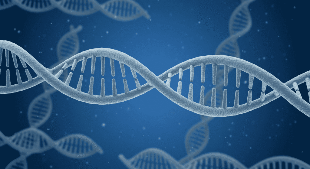 Las 5 teorías más fascinantes sobre el origen de la vida en la Tierra 5 "Imagen de moléculas de ADN con estructura de doble hélice en fondo azul. Representación visual de genética, biología y ciencia. Accesibilidad web y SEO."