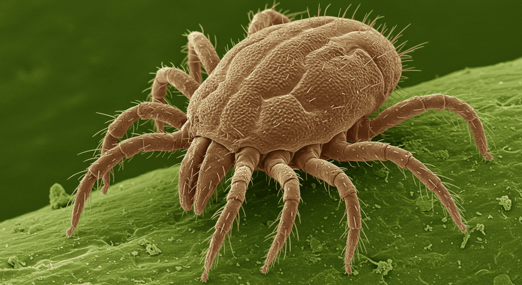 De qué está hecho el polvo y por qué lo encuentras en todos lados 2 "Imagen de microscopía electrónica de un ácaro Eriophyido sobre una hoja. Primer plano detallado de un ácaro con textura de panal sobre una superficie verde. Ideal para temas de biología, entomología, microscopía y plagas de plantas."
